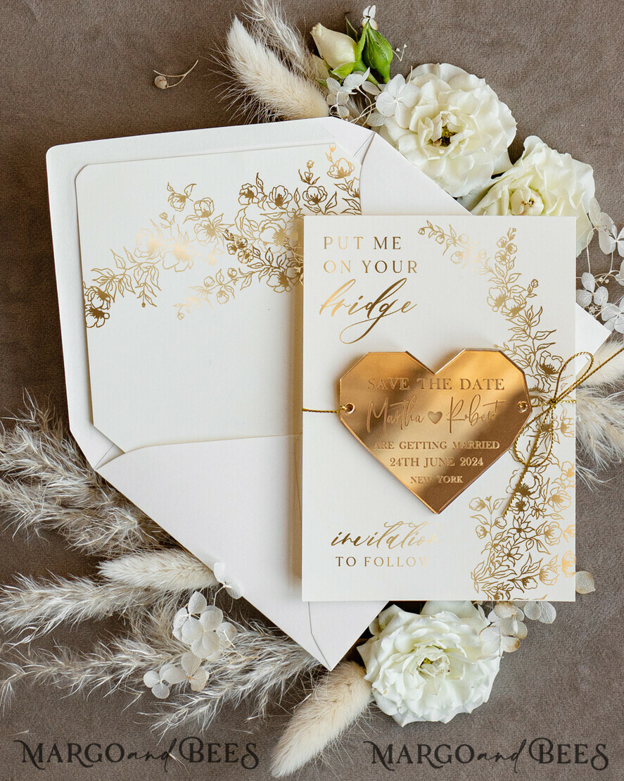 SAVE THE DATES acrylic gold magnets Personalised Gold Acrylic heart Save the Date Magnet and Card, ivory Wedding Save The Dates Plexi Magnets, Wedding Boho Save The Date Cards