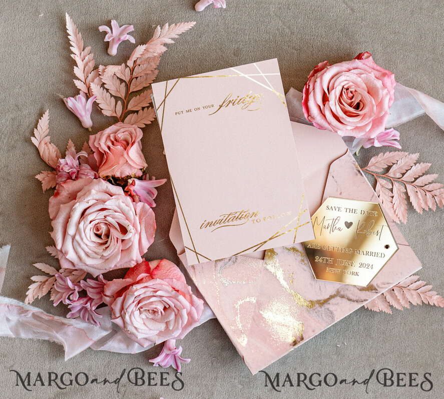 SAVE THE DATES acrylic gold magnets Personalised gold and blush pink Save the Date, Hexagon Acrylic Magnet, Gold Elegant Wedding Save The Dates