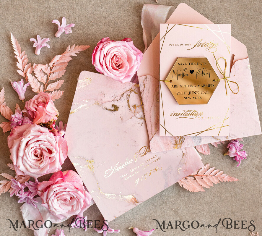 SAVE THE DATES acrylic gold magnets Personalised gold and blush pink Save the Date, Hexagon Acrylic Magnet, Gold Elegant Wedding Save The Dates
