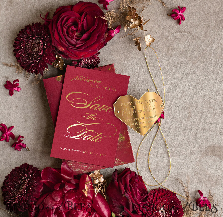 SAVE THE DATES acrylic gold magnets Personalised Save the Date Heart Magnet and Card, Burgundy Elegant Wedding Save The Dates Acrylic Gold Heart