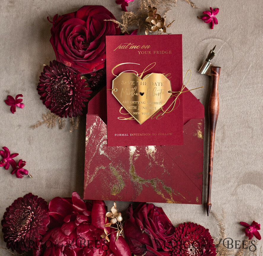 SAVE THE DATES acrylic gold magnets Personalised Save the Date Heart Magnet and Card, Burgundy Elegant Wedding Save The Dates Acrylic Gold Heart