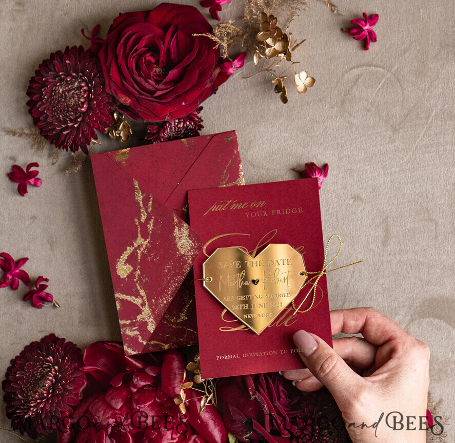 SAVE THE DATES acrylic gold magnets Personalised Save the Date Heart Magnet and Card, Burgundy Elegant Wedding Save The Dates Acrylic Gold Heart