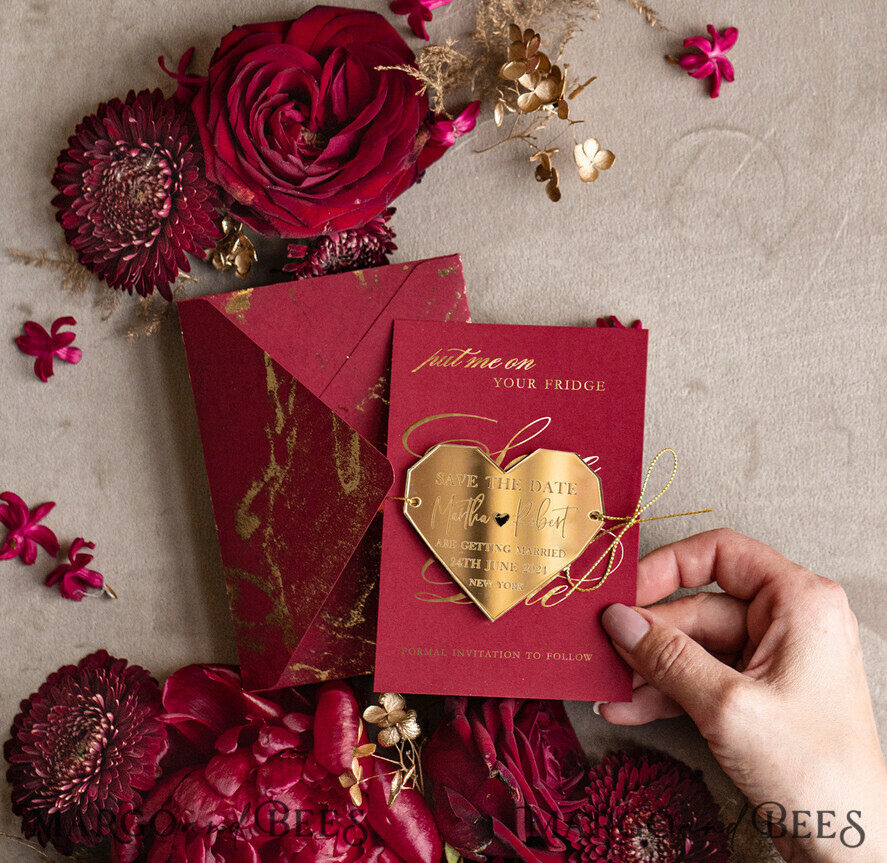 SAVE THE DATES acrylic gold magnets Personalised Save the Date Heart Magnet and Card, Burgundy Elegant Wedding Save The Dates Acrylic Gold Heart