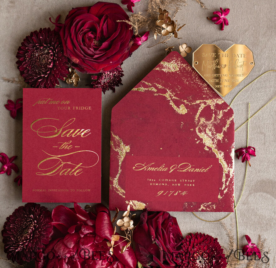 SAVE THE DATES acrylic gold magnets Personalised Save the Date Heart Magnet and Card, Burgundy Elegant Wedding Save The Dates Acrylic Gold Heart