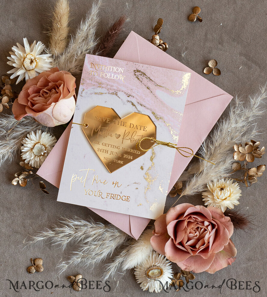 SAVE THE DATES acrylic gold magnets Personalised Blush Pink Save the Date Acrylic Geometric Heart Magnet and Card, Gold Blush Pink Heart Wedding Save The Dates Acrylic Magnets, Save The Date Cards with heart magnet