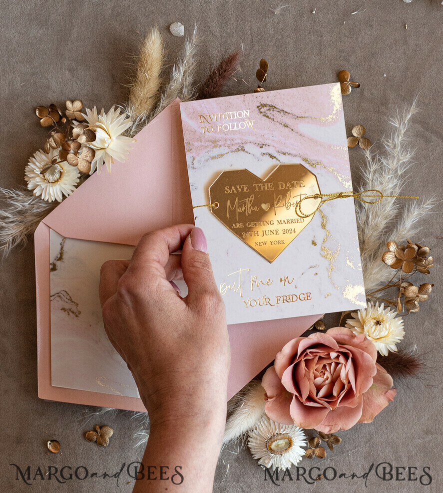 SAVE THE DATES acrylic gold magnets Personalised Blush Pink Save the Date Acrylic Geometric Heart Magnet and Card, Gold Blush Pink Heart Wedding Save The Dates Acrylic Magnets, Save The Date Cards with heart magnet