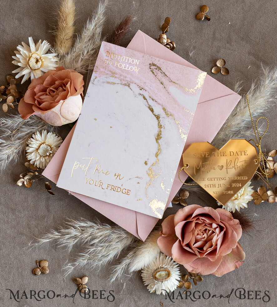 SAVE THE DATES acrylic gold magnets Personalised Blush Pink Save the Date Acrylic Geometric Heart Magnet and Card, Gold Blush Pink Heart Wedding Save The Dates Acrylic Magnets, Save The Date Cards with heart magnet