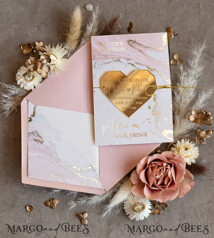 SAVE THE DATES acrylic gold magnets Personalised Blush Pink Save the Date Acrylic Geometric Heart Magnet and Card, Gold Blush Pink Heart Wedding Save The Dates Acrylic Magnets, Save The Date Cards with heart magnet