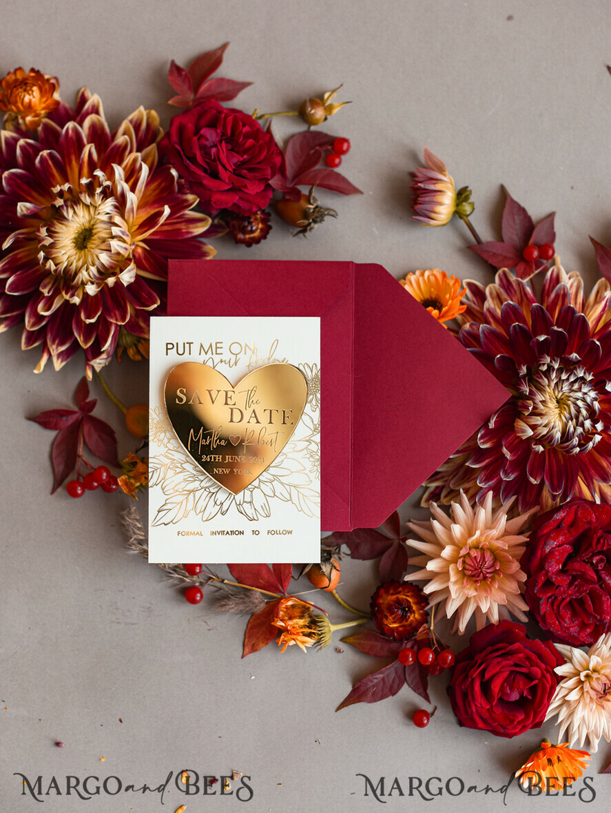 SAVE THE DATES acrylic gold magnets Personalised Save the Date Heart Magnet and Card, Burgundy Elegant Wedding Save The Dates Acrylic Gold Heart