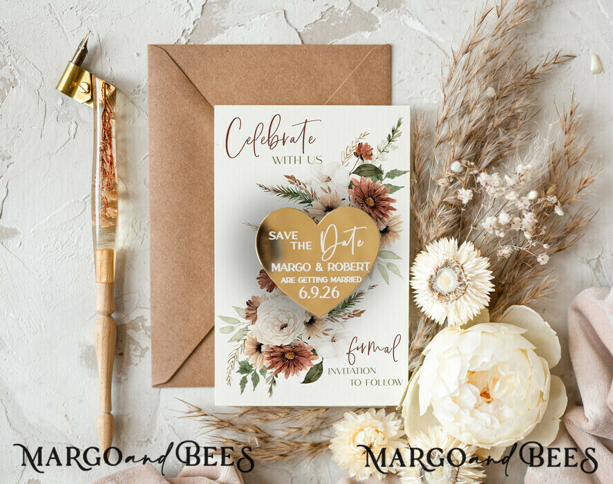 DATEN MERKEN Acrylgoldmagnete Personalisierter Gold-Acryl-Save-the-Date-Magnet und Karte, Goldene Hochzeits-Save-the-Dates-Plexi-Magnete, Hochzeits-Boho-Save-the-Date-Karten
