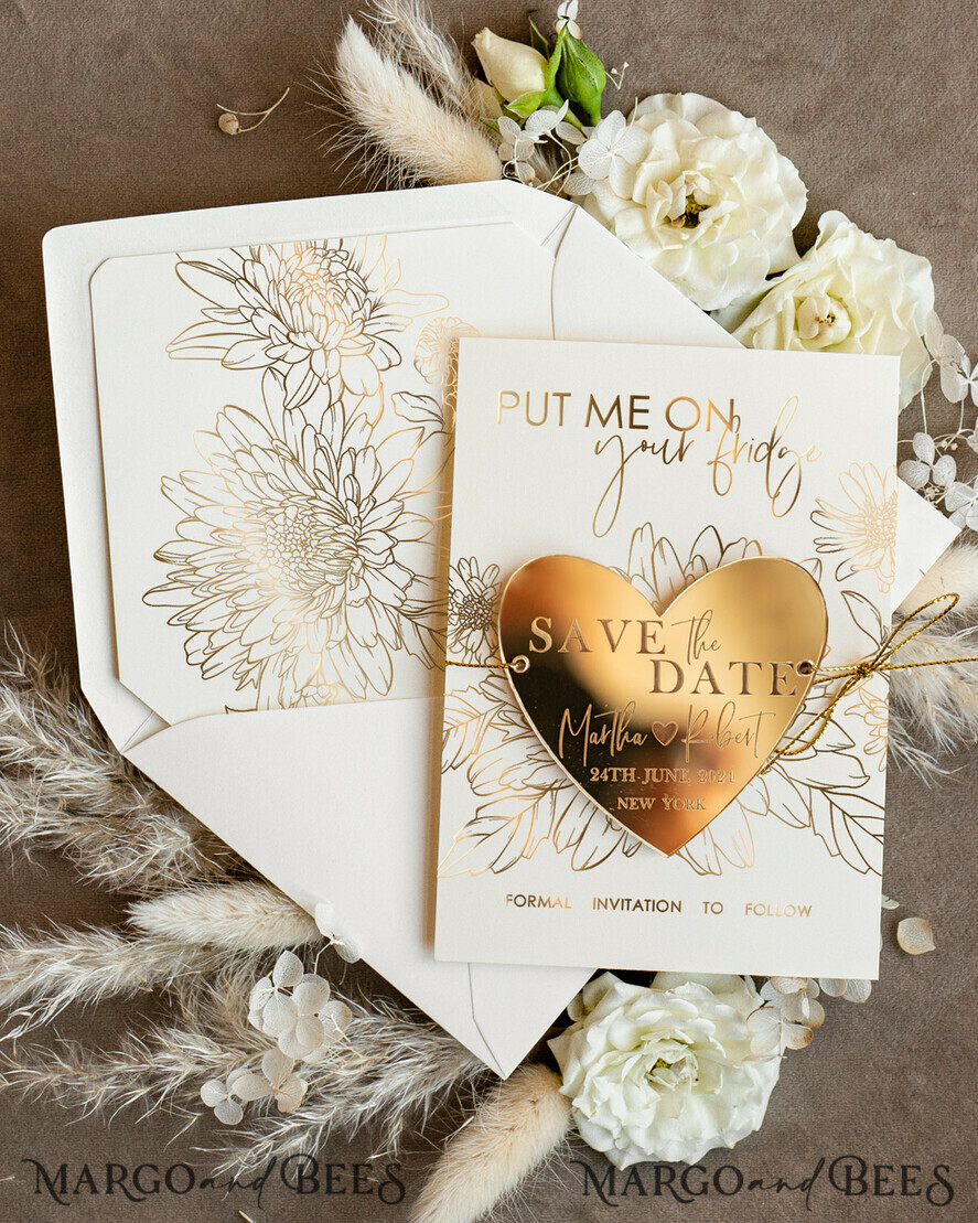 SAVE THE DATES acrylic gold magnets Personalised Gold Acrylic heart Save the Date Magnet and Card, ivory Wedding Save The Dates Plexi Magnets, Wedding Boho Save The Date Cards