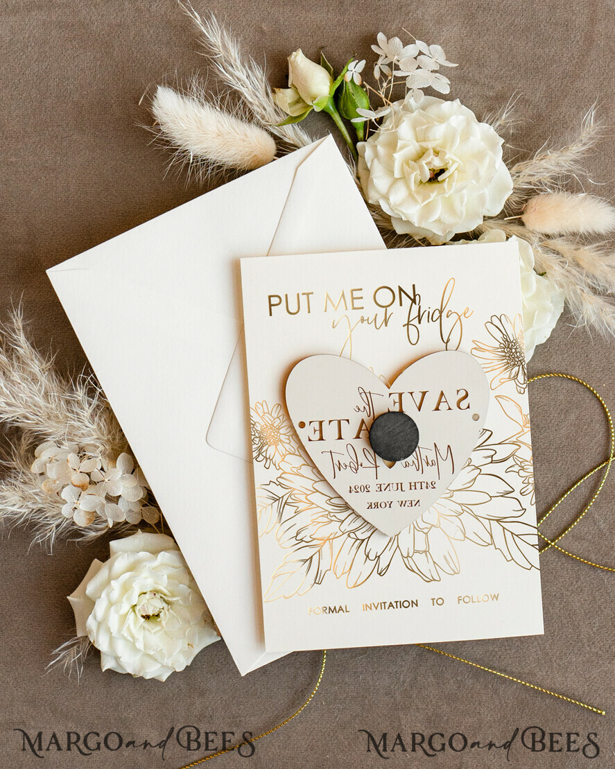 SAVE THE DATES acrylic gold magnets Personalised Gold Acrylic heart Save the Date Magnet and Card, ivory Wedding Save The Dates Plexi Magnets, Wedding Boho Save The Date Cards