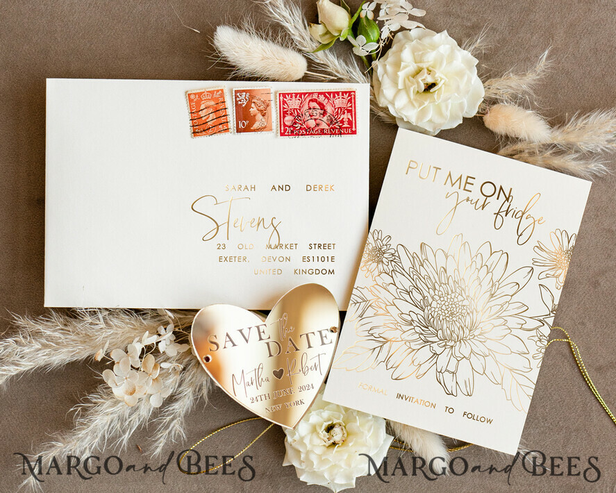 SAVE THE DATES acrylic gold magnets Personalised Gold Acrylic heart Save the Date Magnet and Card, ivory Wedding Save The Dates Plexi Magnets, Wedding Boho Save The Date Cards