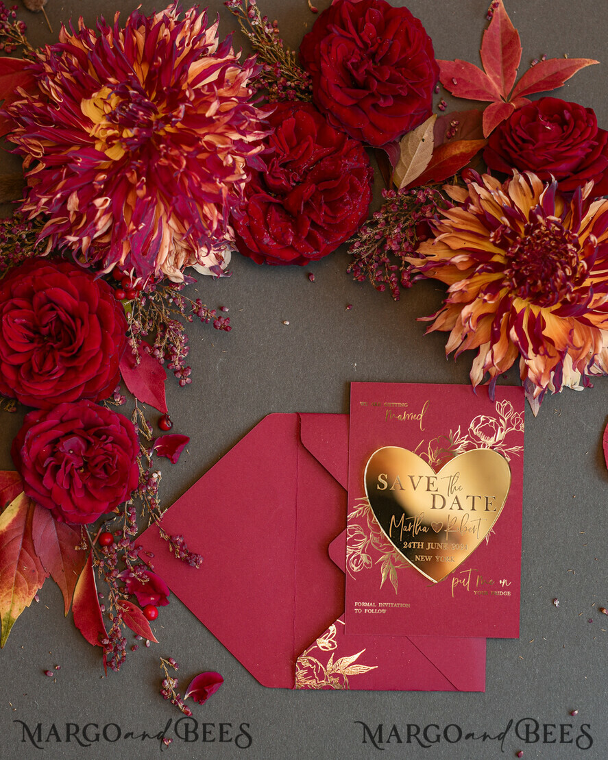 SAVE THE DATES acrylic gold magnets Personalised Save the Date Heart Magnet and Card, Burgundy Elegant Wedding Save The Dates Acrylic Gold Heart