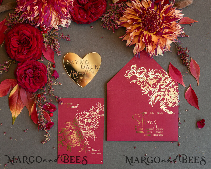 SAVE THE DATES acrylic gold magnets Personalised Save the Date Heart Magnet and Card, Burgundy Elegant Wedding Save The Dates Acrylic Gold Heart