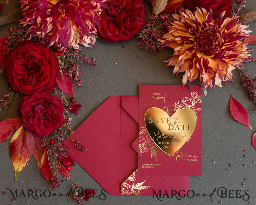 SAVE THE DATES acrylic gold magnets Personalised Save the Date Heart Magnet and Card, Burgundy Elegant Wedding Save The Dates Acrylic Gold Heart