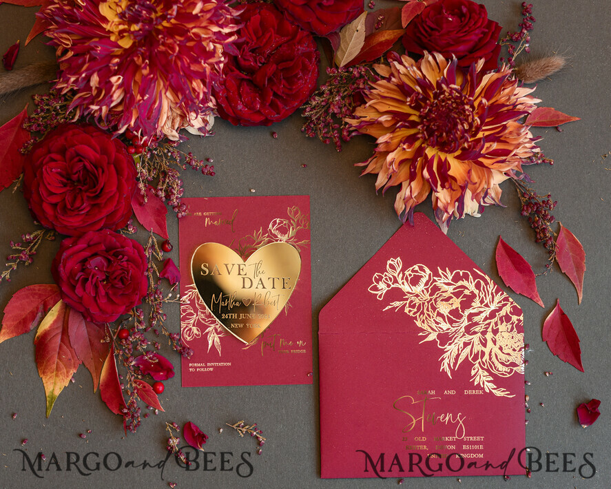 SAVE THE DATES acrylic gold magnets Personalised Save the Date Heart Magnet and Card, Burgundy Elegant Wedding Save The Dates Acrylic Gold Heart