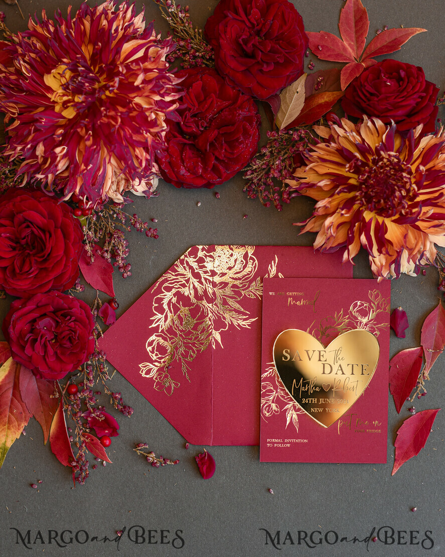 SAVE THE DATES acrylic gold magnets Personalised Save the Date Heart Magnet and Card, Burgundy Elegant Wedding Save The Dates Acrylic Gold Heart