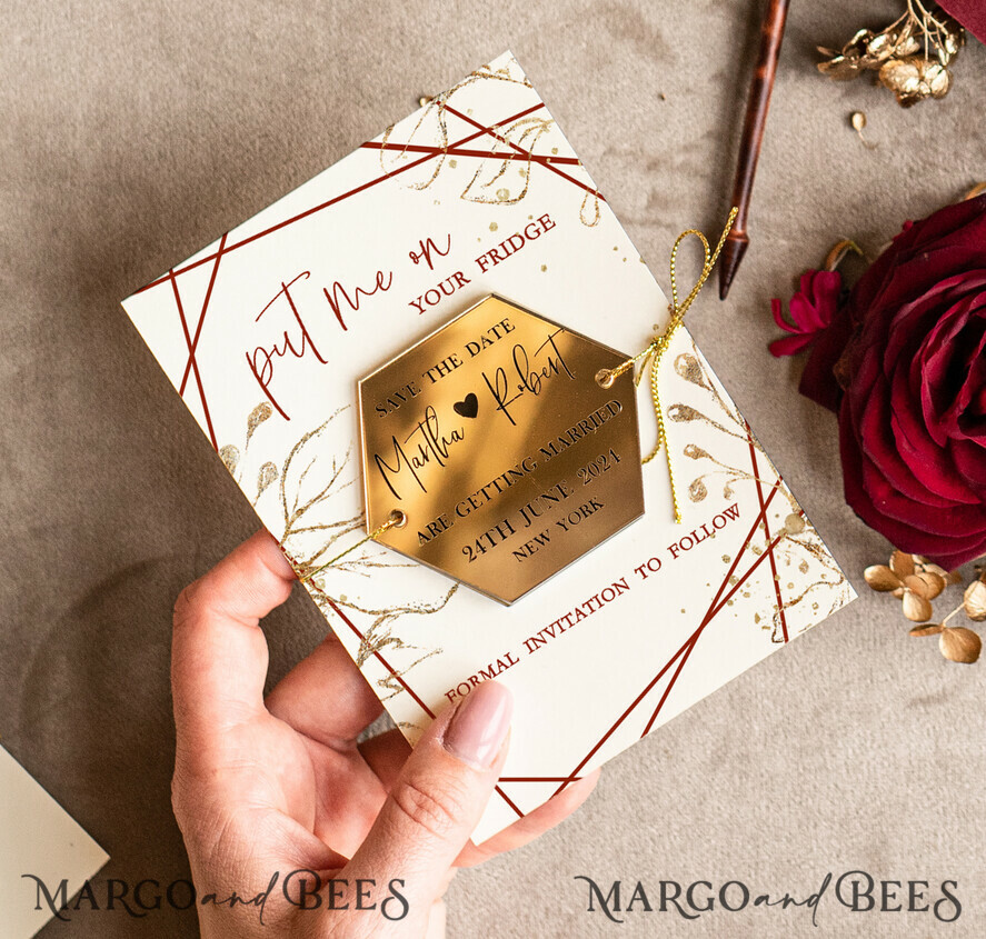 SAVE THE DATES acrylic gold magnets Personalised Maroon Save the Date hexagon Magnet and Card, boho Wedding Save The Dates Acrylic golden mirror magnet