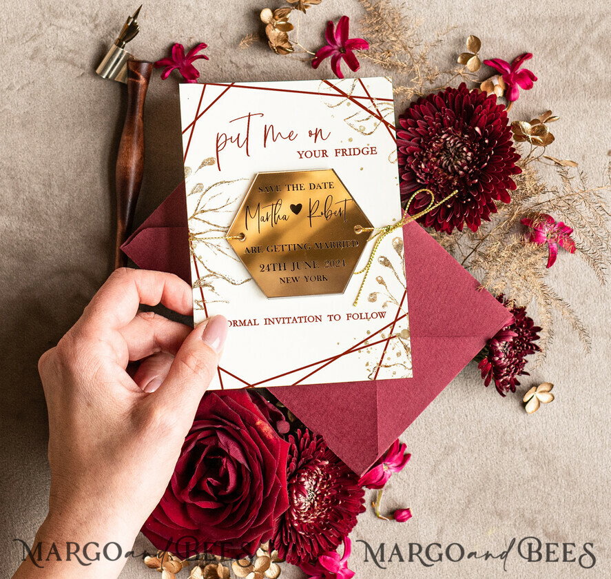 SAVE THE DATES acrylic gold magnets Personalised Maroon Save the Date hexagon Magnet and Card, boho Wedding Save The Dates Acrylic golden mirror magnet