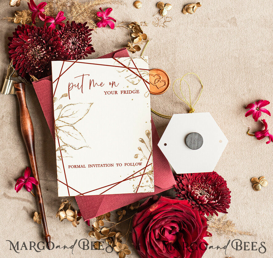 SAVE THE DATES acrylic gold magnets Personalised Maroon Save the Date hexagon Magnet and Card, boho Wedding Save The Dates Acrylic golden mirror magnet