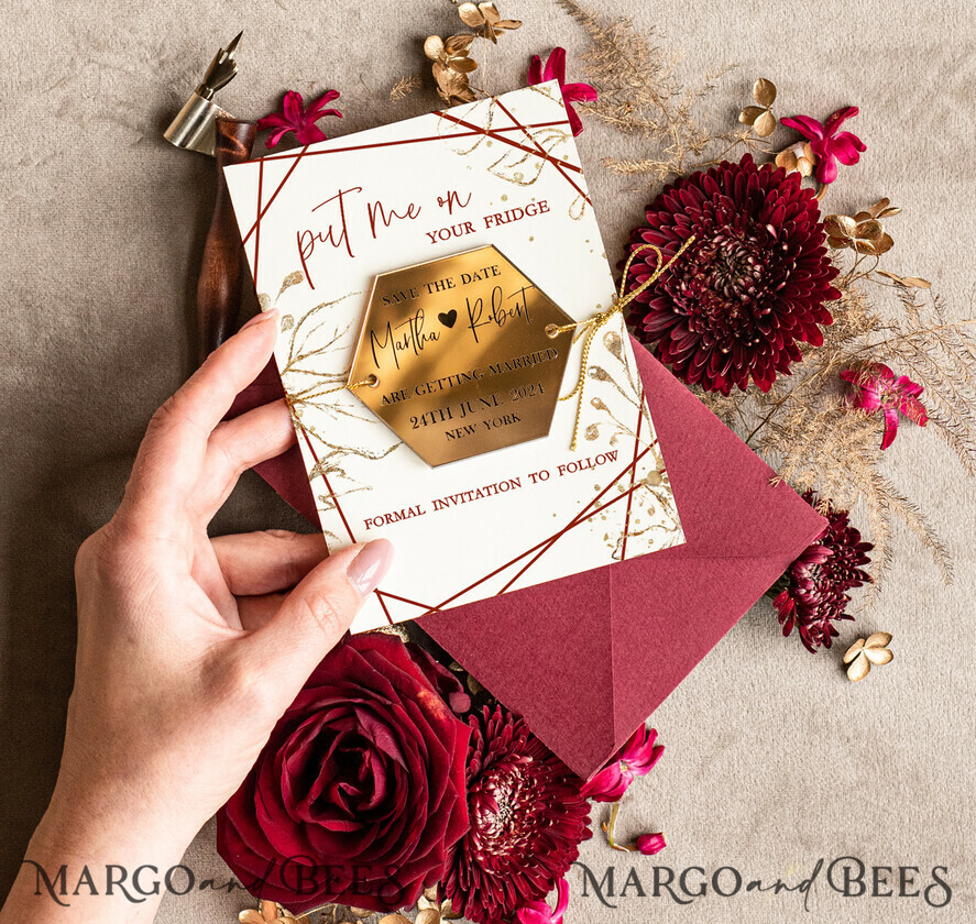 SAVE THE DATES acrylic gold magnets Personalised Maroon Save the Date hexagon Magnet and Card, boho Wedding Save The Dates Acrylic golden mirror magnet