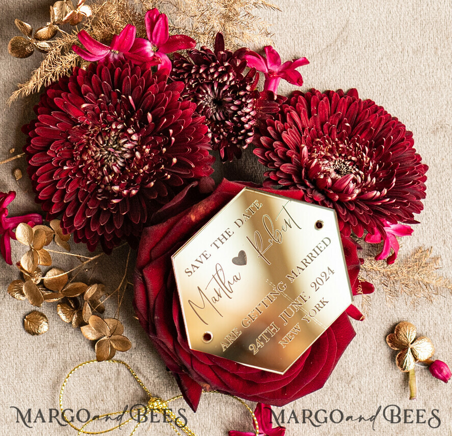 SAVE THE DATES acrylic gold magnets Personalised Maroon Save the Date hexagon Magnet and Card, boho Wedding Save The Dates Acrylic golden mirror magnet