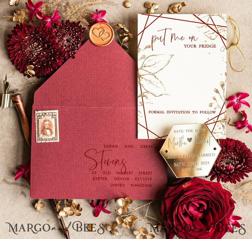 SAVE THE DATES acrylic gold magnets Personalised Maroon Save the Date hexagon Magnet and Card, boho Wedding Save The Dates Acrylic golden mirror magnet