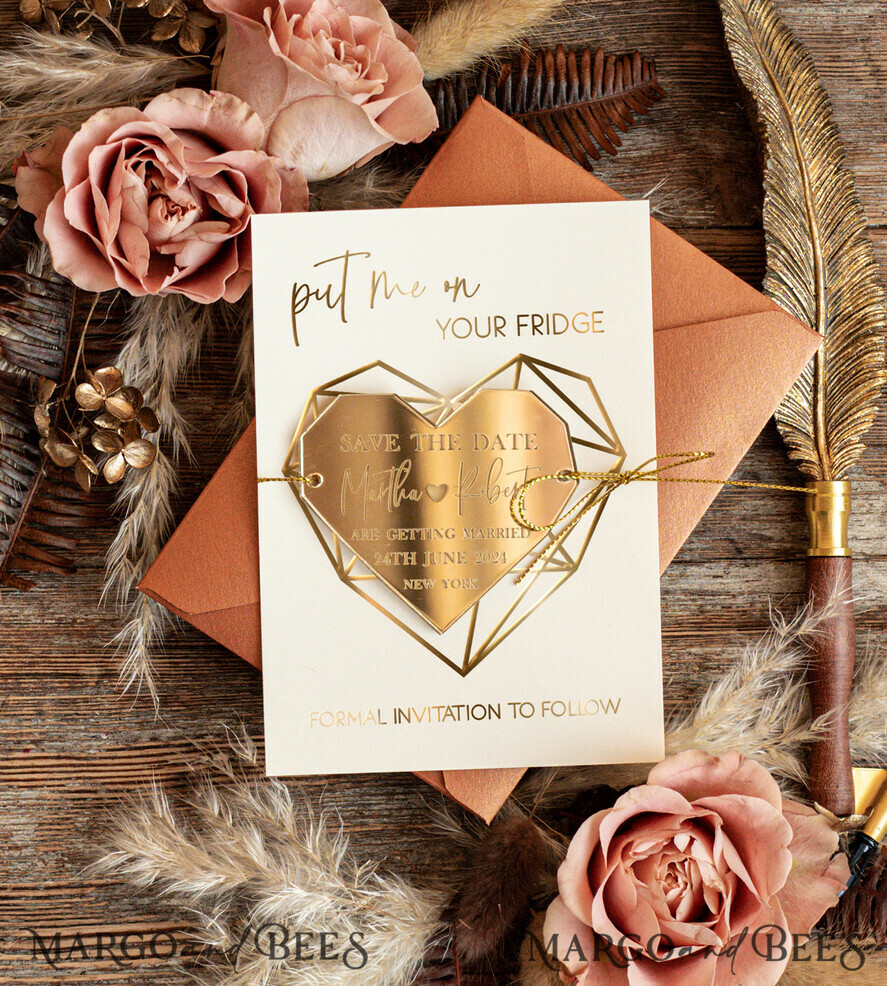 SAVE THE DATES acrylic gold magnets Personalised Save the Date Heart Acrylic Magnet and Card, Gold Terracotta Elegant Wedding Save The Dates Acrylic Magnets, boho Save The Date Cards