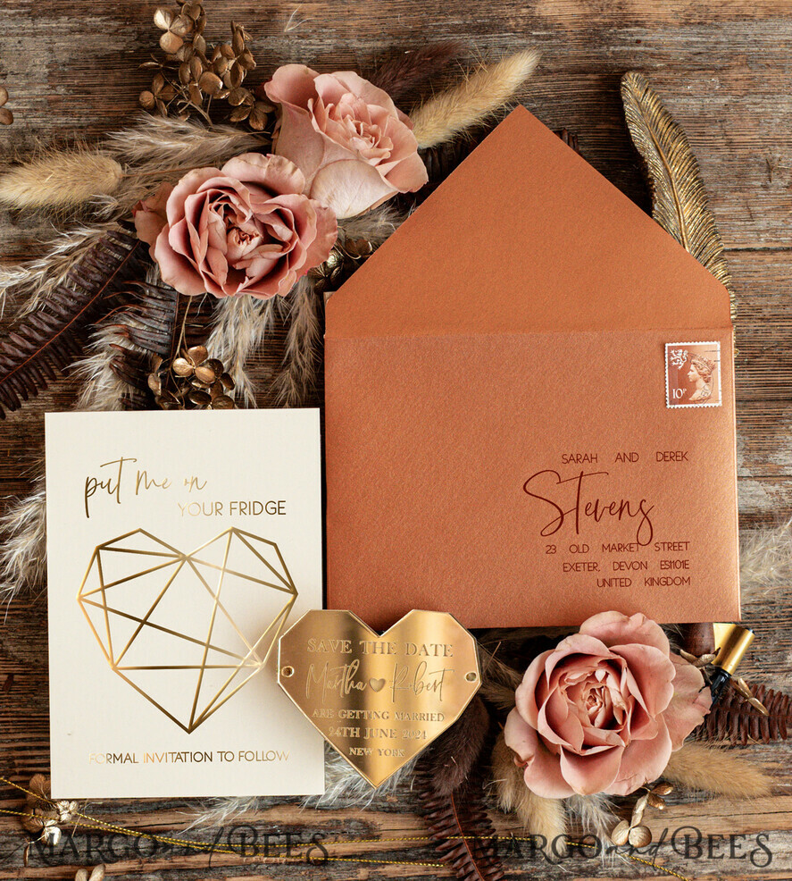 SAVE THE DATES acrylic gold magnets Personalised Save the Date Heart Acrylic Magnet and Card, Gold Terracotta Elegant Wedding Save The Dates Acrylic Magnets, boho Save The Date Cards