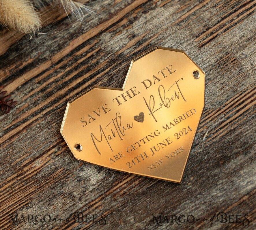 SAVE THE DATES acrylic gold magnets Personalised Save the Date Heart Acrylic Magnet and Card, Gold Terracotta Elegant Wedding Save The Dates Acrylic Magnets, boho Save The Date Cards
