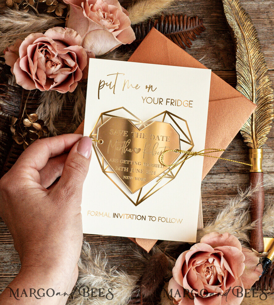 SAVE THE DATES acrylic gold magnets Personalised Save the Date Heart Acrylic Magnet and Card, Gold Terracotta Elegant Wedding Save The Dates Acrylic Magnets, boho Save The Date Cards