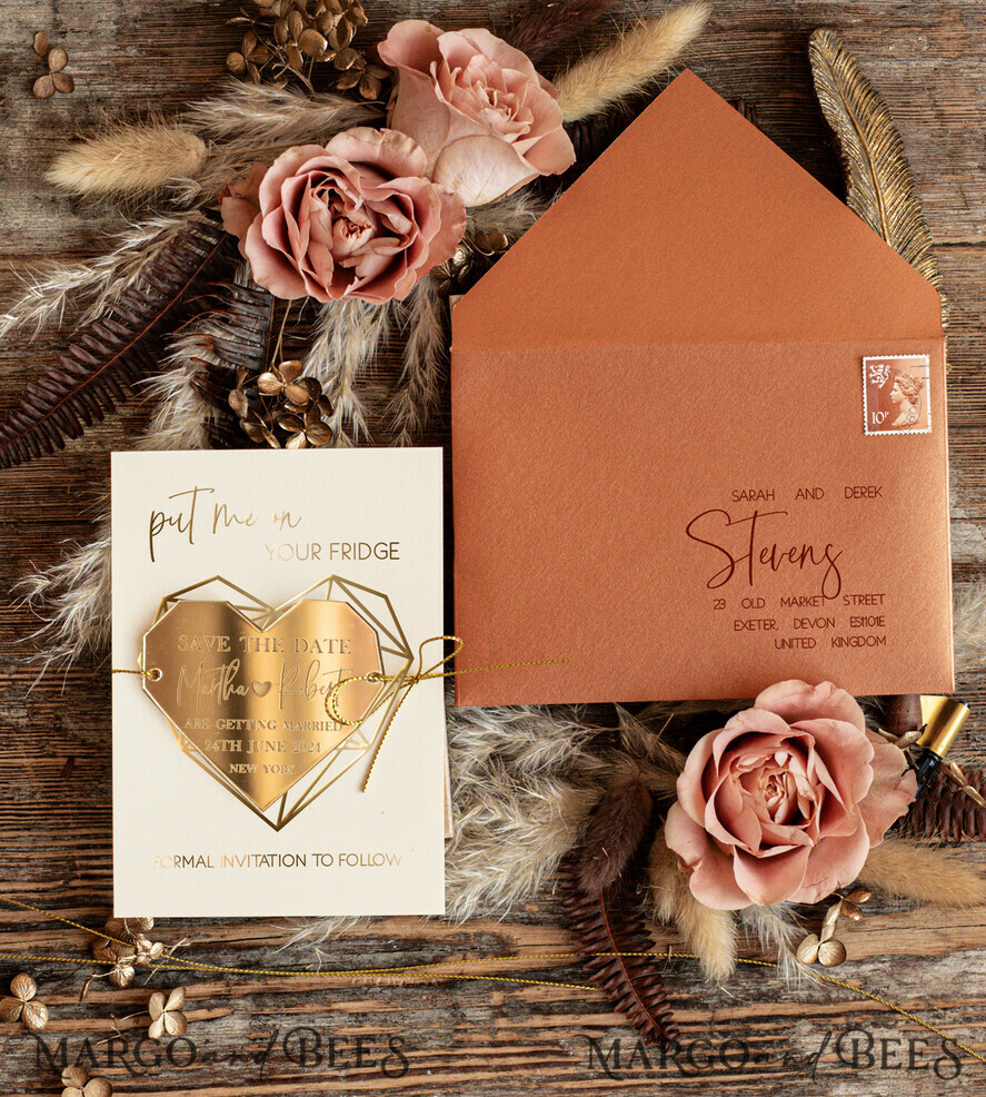SAVE THE DATES acrylic gold magnets Personalised Save the Date Heart Acrylic Magnet and Card, Gold Terracotta Elegant Wedding Save The Dates Acrylic Magnets, boho Save The Date Cards