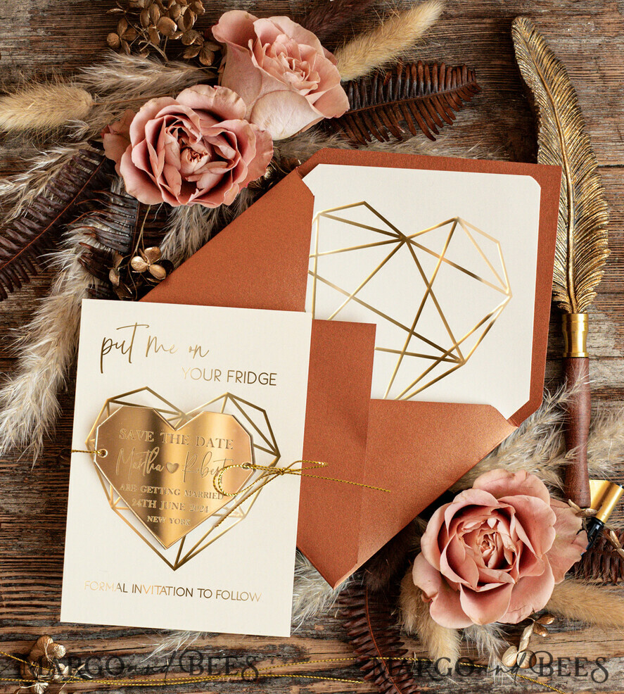 SAVE THE DATES acrylic gold magnets Personalised Save the Date Heart Acrylic Magnet and Card, Gold Terracotta Elegant Wedding Save The Dates Acrylic Magnets, boho Save The Date Cards