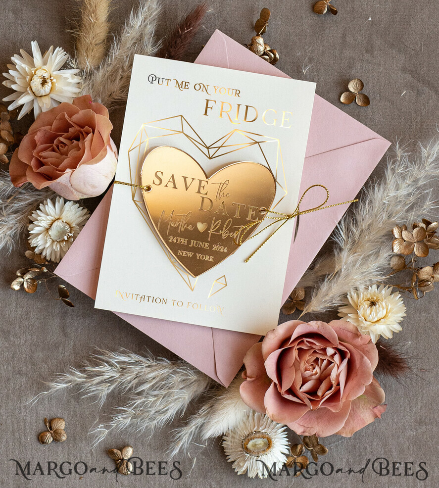 SAVE THE DATES acrylic gold magnets Personalised Gold Acrylic Heart Save the Date Magnet and Card, blush Pink Wedding Save The Dates Plexi Magnets, Wedding Boho Save The Date Cards