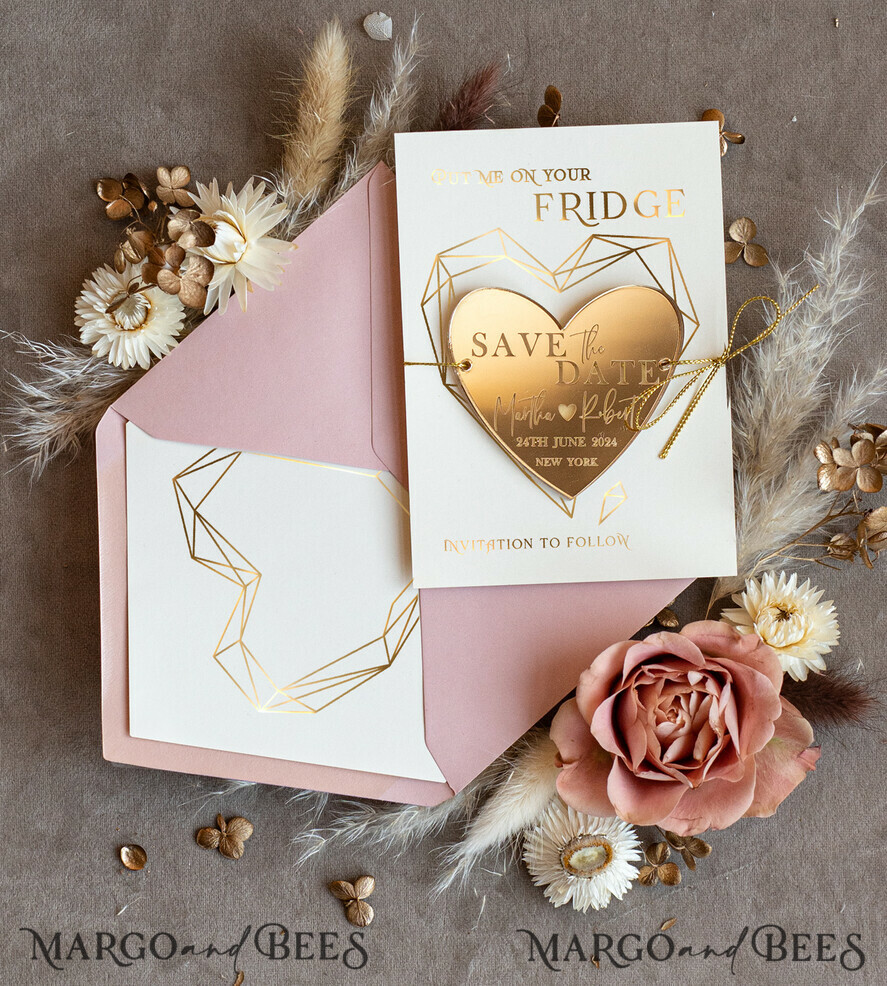 SAVE THE DATES acrylic gold magnets Personalised Gold Acrylic Heart Save the Date Magnet and Card, blush Pink Wedding Save The Dates Plexi Magnets, Wedding Boho Save The Date Cards