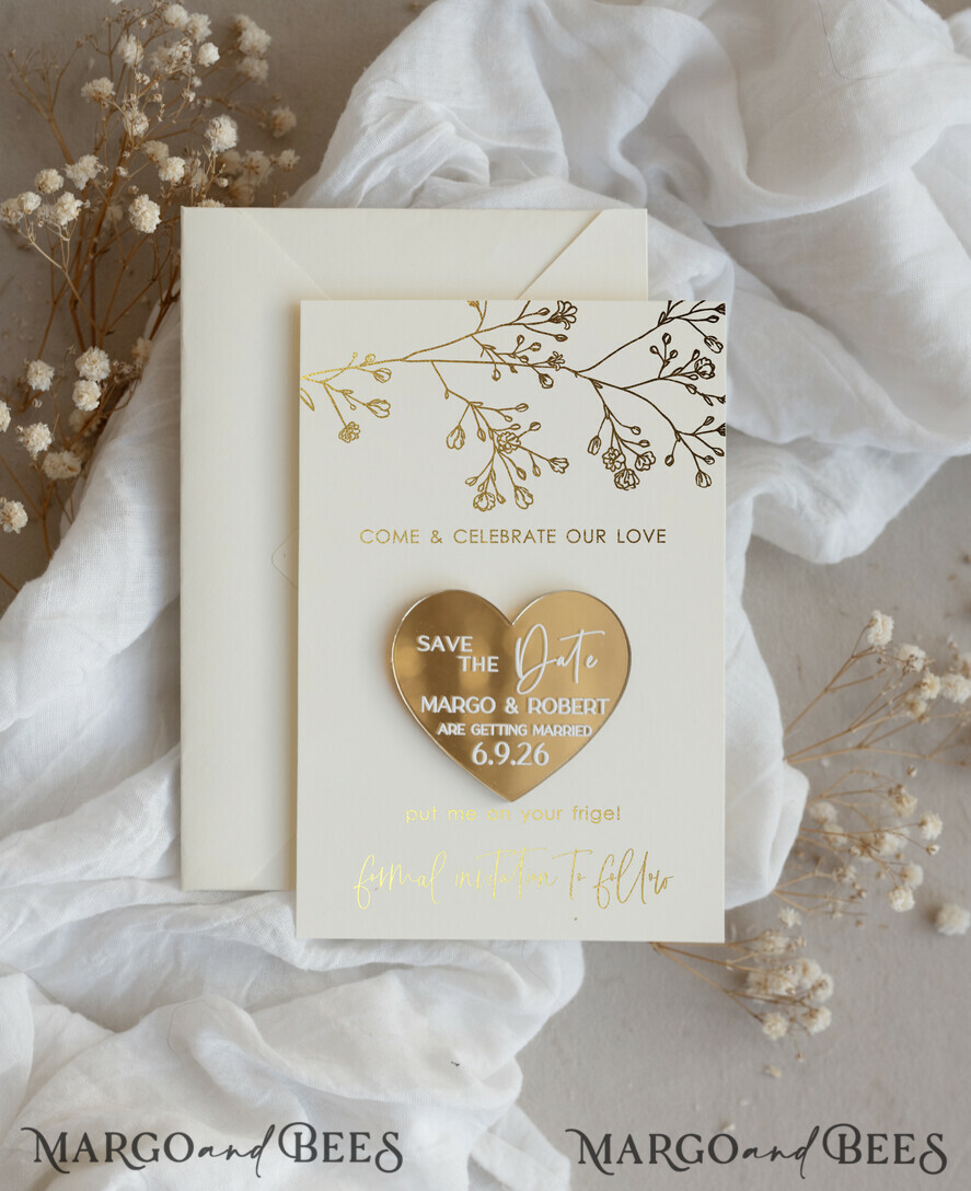 DATEN MERKEN Acrylgoldmagnete Personalisierter Gold-Acryl-Save-the-Date-Magnet und -Karte, Goldene Hochzeits-Save-the-Dates-Plexi-Magnete, Hochzeits-Boho-Save-the-Date-Karten