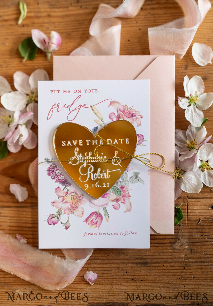 SAVE THE DATES acrylic gold magnets Bespoke wedding save the date, hexagon mirror maget