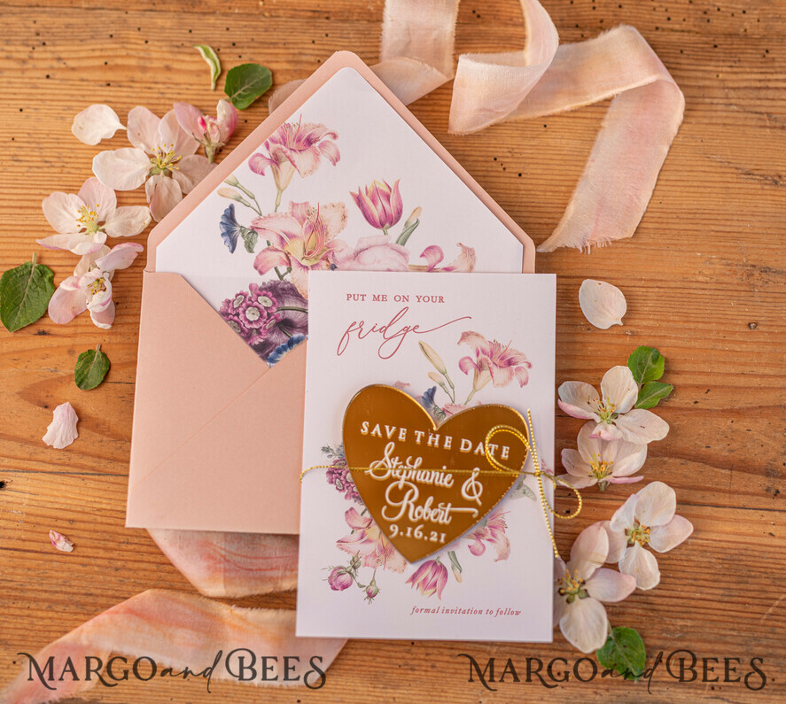 SAVE THE DATES acrylic gold magnets Bespoke wedding save the date, hexagon mirror maget