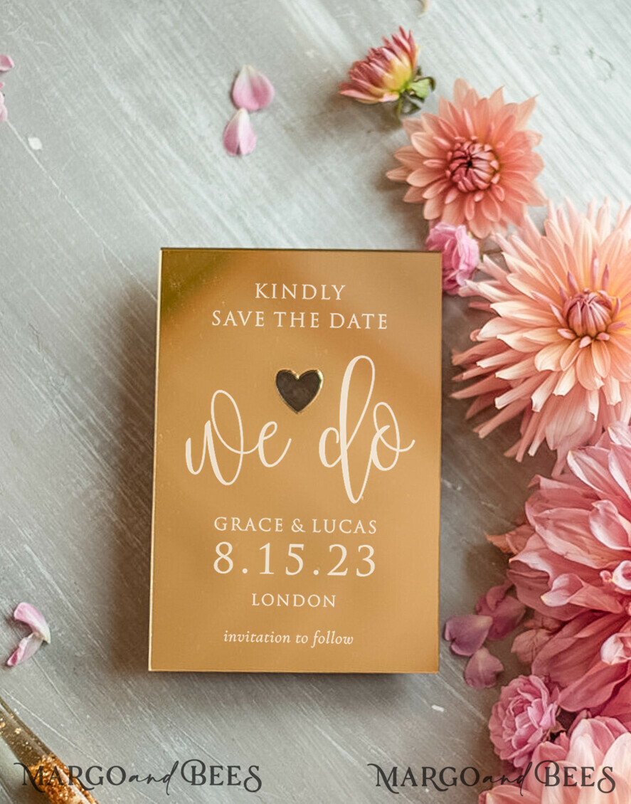 SAVE THE DATES acrylic gold magnets Luxory wedding save the date, Save the date personalized golden mirror, plexi gold, pink envelope