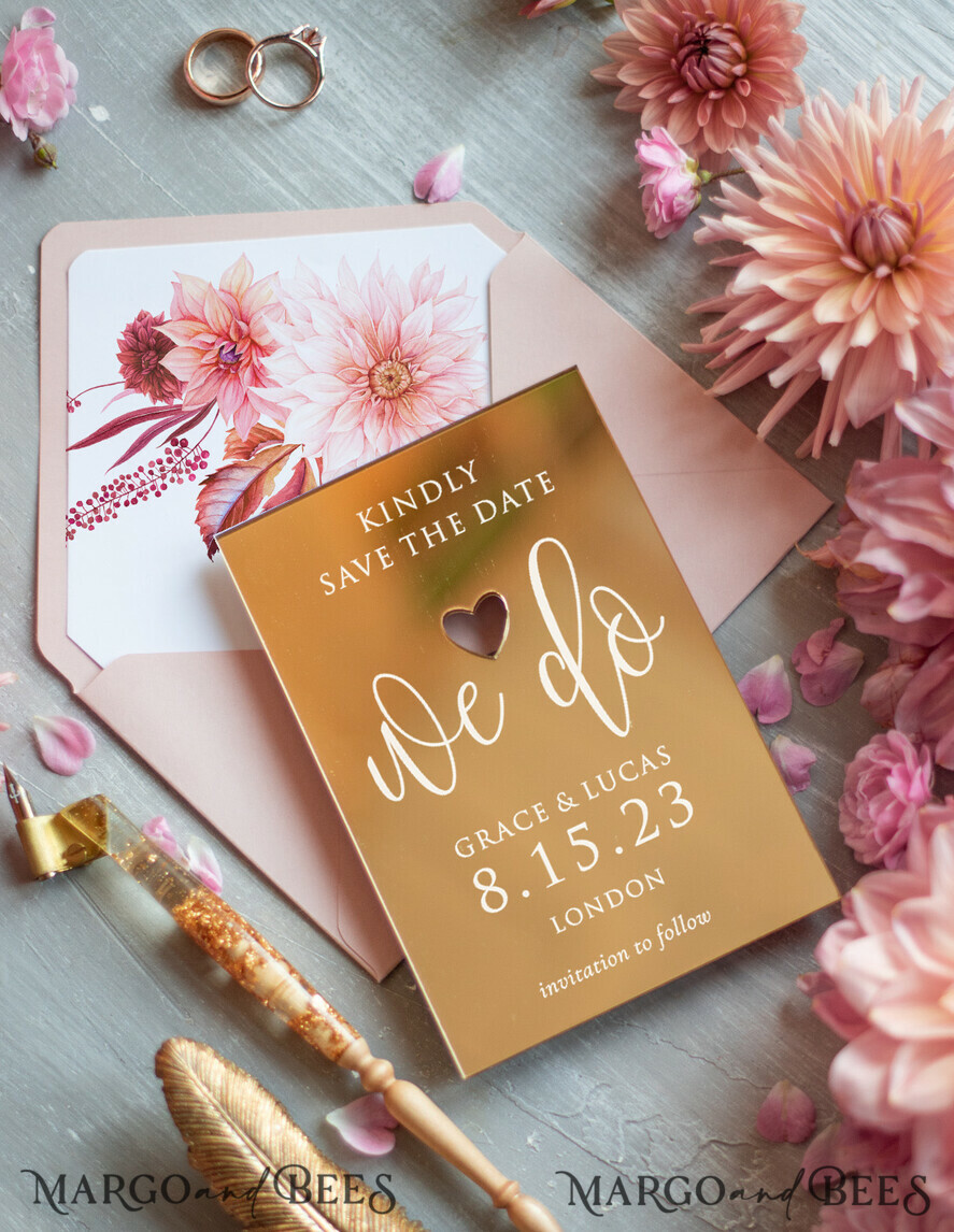 SAVE THE DATES acrylic gold magnets Luxory wedding save the date, Save the date personalized golden mirror, plexi gold, pink envelope