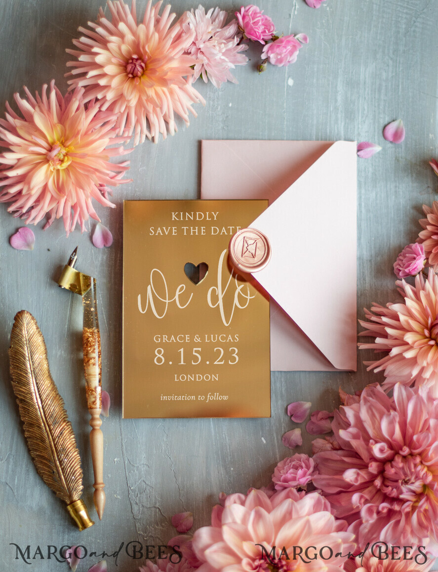 SAVE THE DATES acrylic gold magnets Luxory wedding save the date, Save the date personalized golden mirror, plexi gold, pink envelope