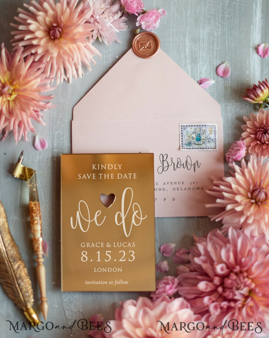 SAVE THE DATES acrylic gold magnets Luxory wedding save the date, Save the date personalized golden mirror, plexi gold, pink envelope