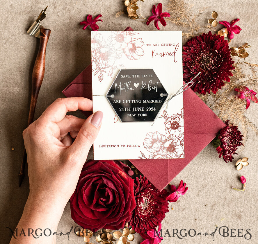 SAVE THE DATES acrylic gold magnets Personalised Save the Date Hexagon Magnet and Card, Burgundy Elegant Wedding Save The Dates Acrylic Silver Heart