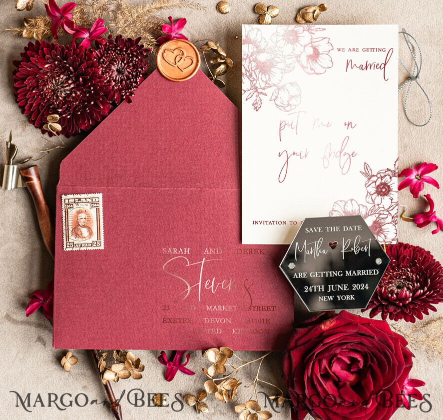 SAVE THE DATES acrylic gold magnets Personalised Save the Date Hexagon Magnet and Card, Burgundy Elegant Wedding Save The Dates Acrylic Silver Heart