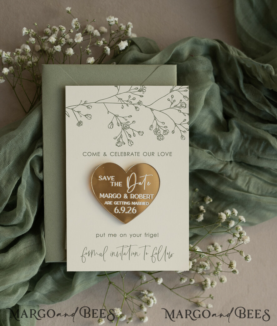 DATEN MERKEN Acrylgoldmagnete Personalisierter Gold-Acryl-Save-the-Date-Magnet und Karte, Goldene Hochzeit-Save-the-Dates-Plexi-Magnete, Boho-Hochzeit-Save-the-Date-Karten