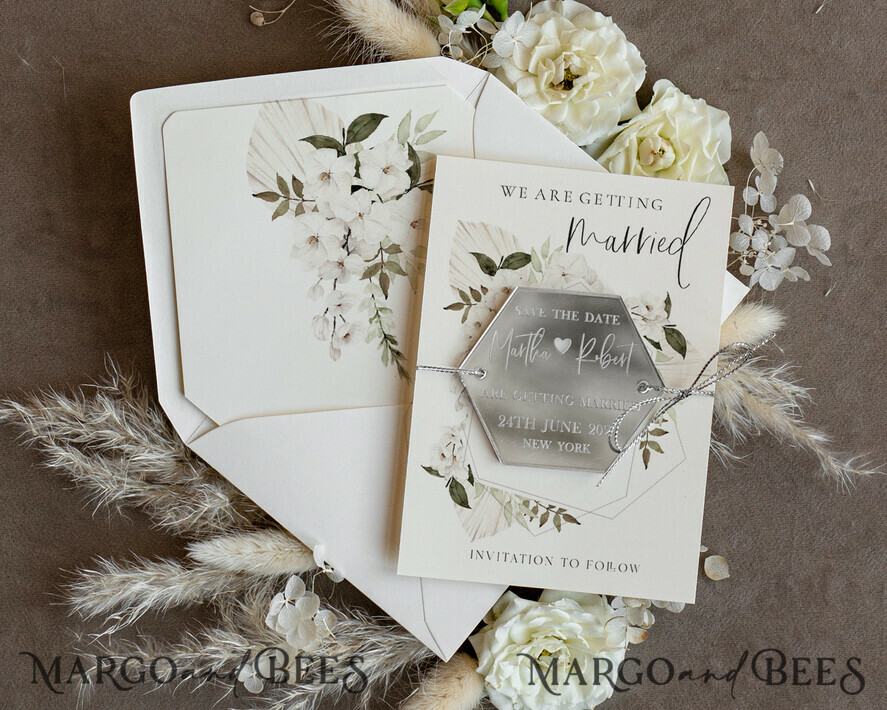 SAVE THE DATES acrylic gold magnets Personalised Silver Acrylic hexagon Save the Date Magnet and Card, Wedding Save The Dates Plexi Magnets, Wedding Boho Save The Date Cards