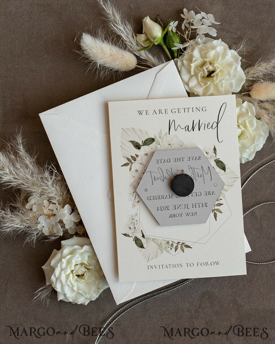 SAVE THE DATES acrylic gold magnets Personalised Silver Acrylic hexagon Save the Date Magnet and Card, Wedding Save The Dates Plexi Magnets, Wedding Boho Save The Date Cards