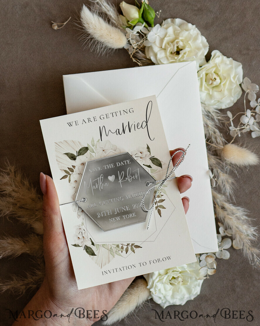 SAVE THE DATES acrylic gold magnets Personalised Silver Acrylic hexagon Save the Date Magnet and Card, Wedding Save The Dates Plexi Magnets, Wedding Boho Save The Date Cards