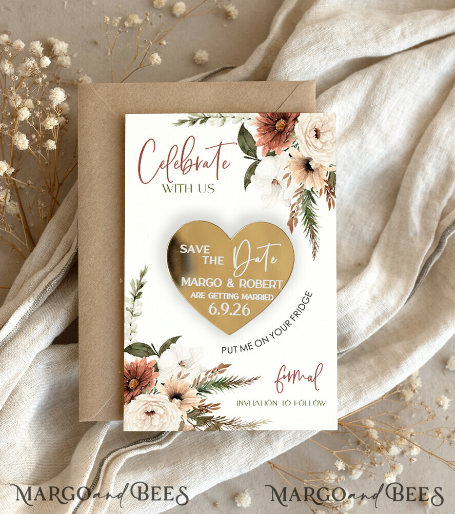 DATEN MERKEN Acrylgoldmagnete Personalisierter Gold-Acryl-Save-the-Date-Magnet und Boho-Karte, Goldene Hochzeits-Save-the-Dates-Plexi-Magnete, Hochzeits-Boho-Save-the-Date-Karten